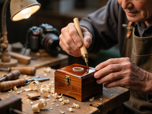 Small wooden jewelry box with intricate details, showcasing the fine craftsmanship and interior velvet lining